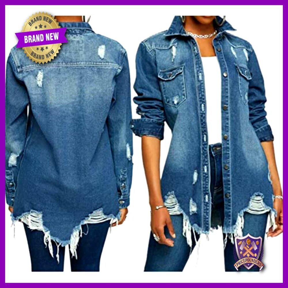 Distressed Denim Jacket Oversized Ripped Y2K Chic Button Down Long Sleeve - Picture 2 of 6